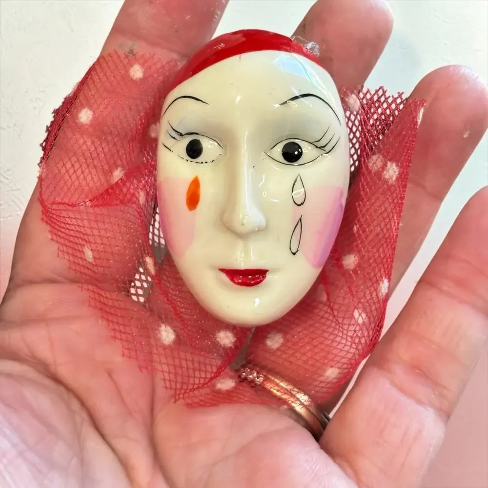 Vintage Pierrot Clown Face Brooch Red Flocked Veil Art Mask Harlequin